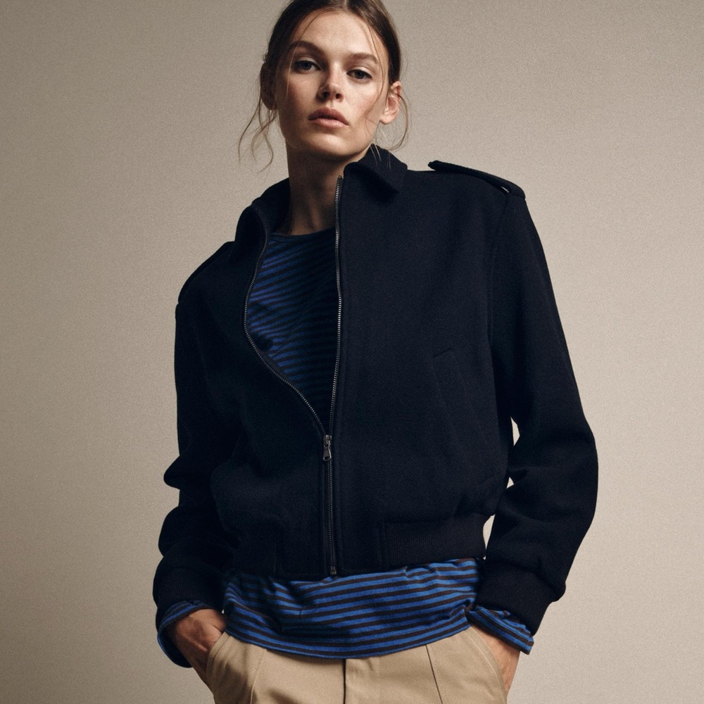 ZARA Wool Blend Navy Lined Bomber Jacket. XS NWT